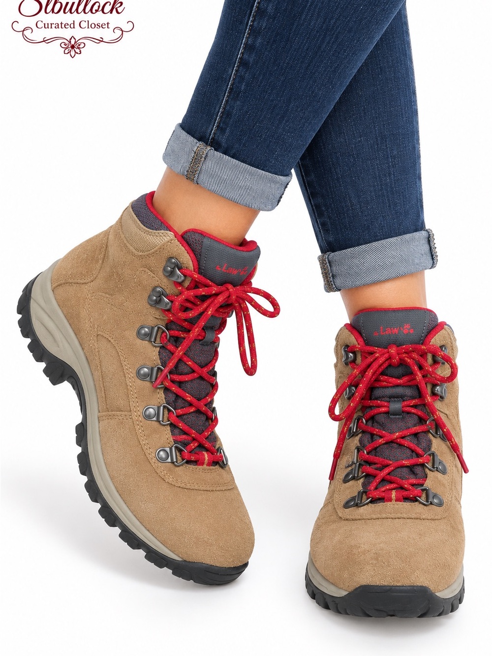 BAREPAW Women’s Suede Lace-Up Hiking Boots Tan Red Size 8.5